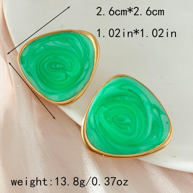 Spring summer green color enamel geometric triangle stainless steel earrings