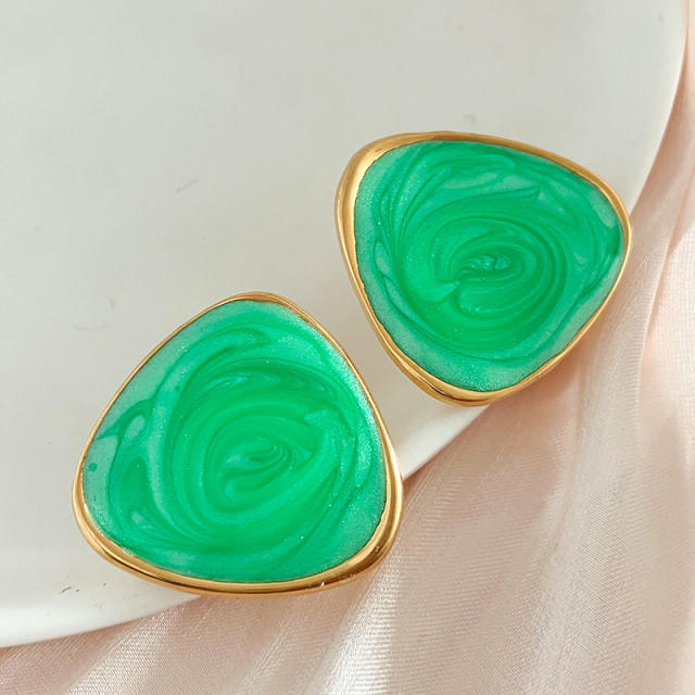 Spring summer green color enamel geometric triangle stainless steel earrings