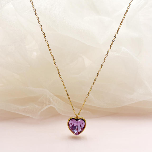 Easy match colorful crystal heart pendant dainty stainless steel necklace