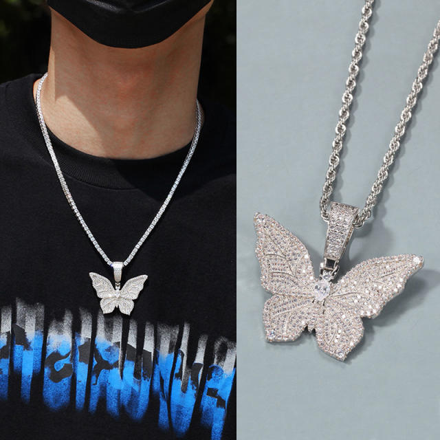 HIPHOP diamond butterfly pendant tennis chain necklace for men