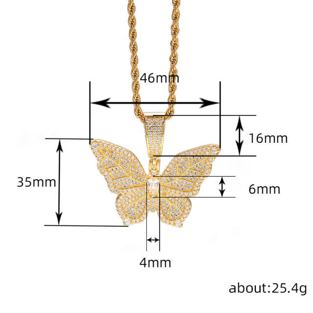 HIPHOP diamond butterfly pendant tennis chain necklace for men