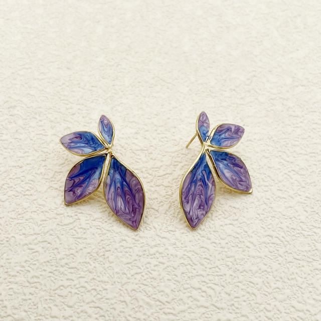 Vintage purple color enamel petal leaf design stainless steel earrings