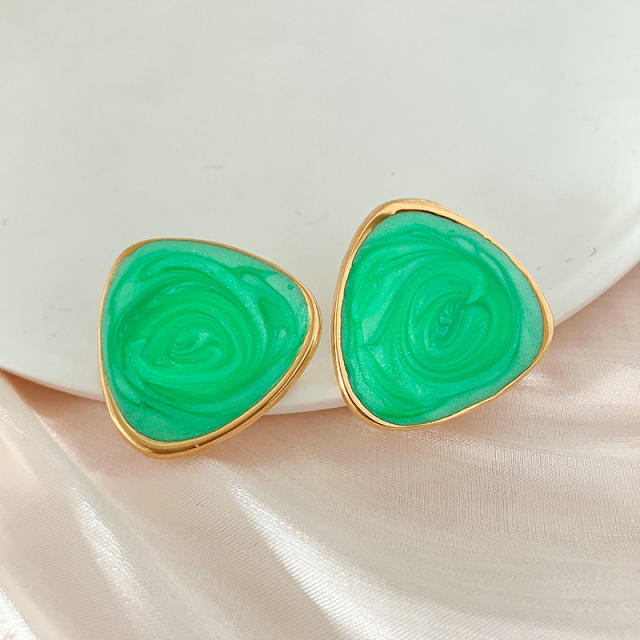 Spring summer green color enamel geometric triangle stainless steel earrings