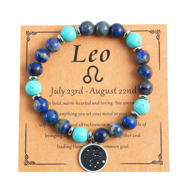 Stainless steel zodiac charm natural stone bead bracelet with cards