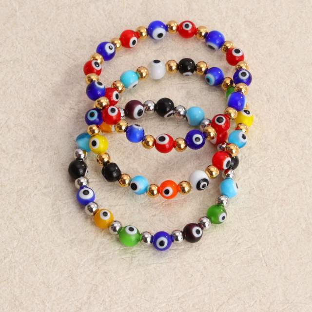 Evil eye colorful  natural bead elastic stainless steel bracelet