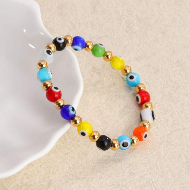 Evil eye colorful  natural bead elastic stainless steel bracelet