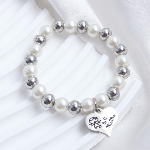 Elegant pearl stainless steel bead heart charm elastic bracelet