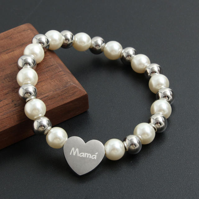 Fashionable pearl stainless steel bead heart mama letter bracelet