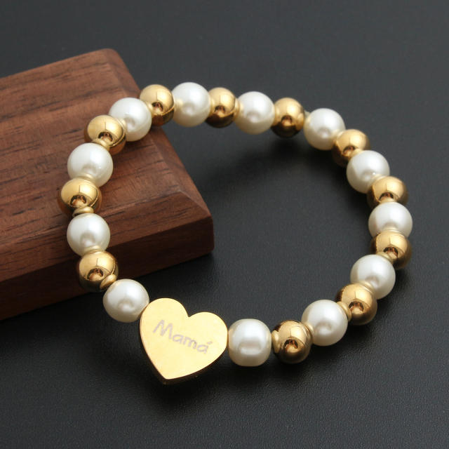 Fashionable pearl stainless steel bead heart mama letter bracelet