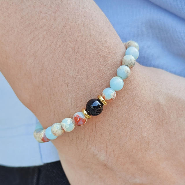 6mm natural stone bead stainless steel bracelet