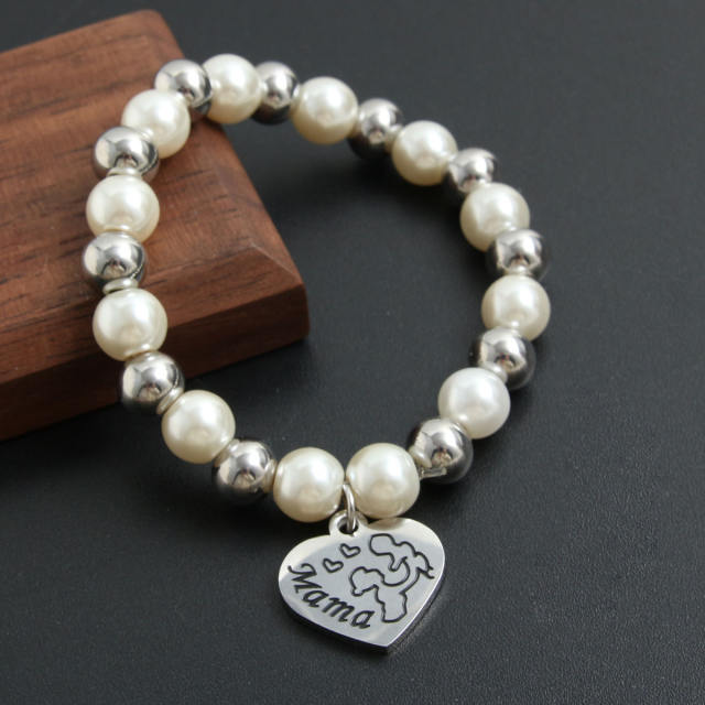 8MM pearl stainless steel bead heart charm mother's day gift bracelet