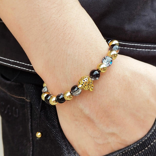 Black color natural stone stainless steel bead heart charm bracelet