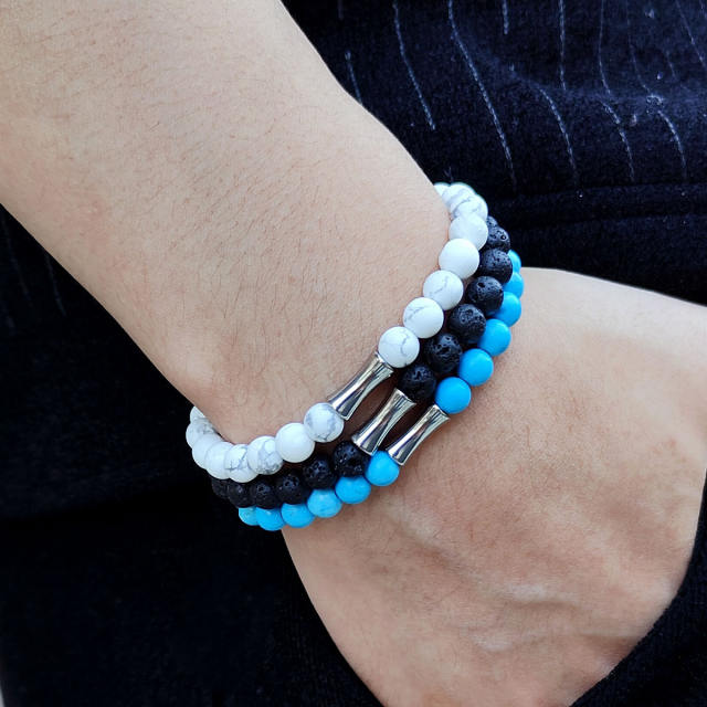 Concise natural stone bead stainless steel bead elastic bracelet