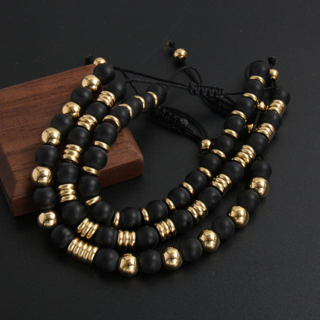 Hiphop black natural stone stainless steel bead bracelet for men