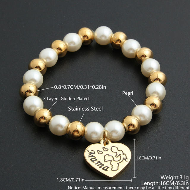 8MM pearl stainless steel bead heart charm mother's day gift bracelet