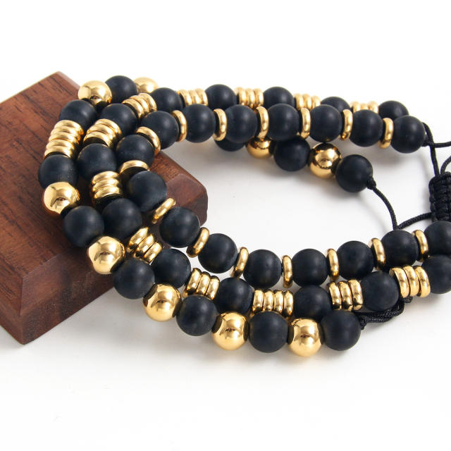 Hiphop black natural stone stainless steel bead bracelet for men