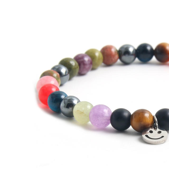 Funny stainless steel smile face natural stone bead bracelet