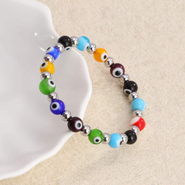 Evil eye colorful  natural bead elastic stainless steel bracelet