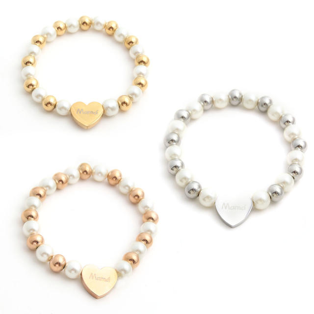 Fashionable pearl stainless steel bead heart mama letter bracelet