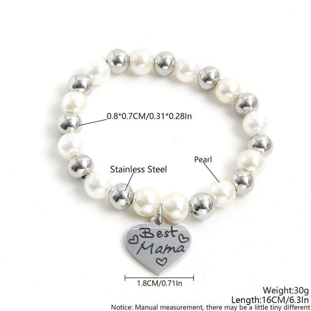 Mother's day pearl stainless steel bead heart charm bracelet