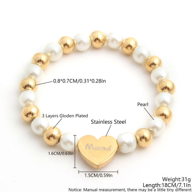 Fashionable pearl stainless steel bead heart mama letter bracelet