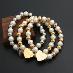 Fashionable pearl stainless steel bead heart mama letter bracelet