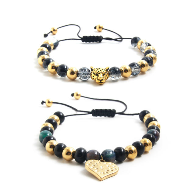 Black color natural stone stainless steel bead heart charm bracelet