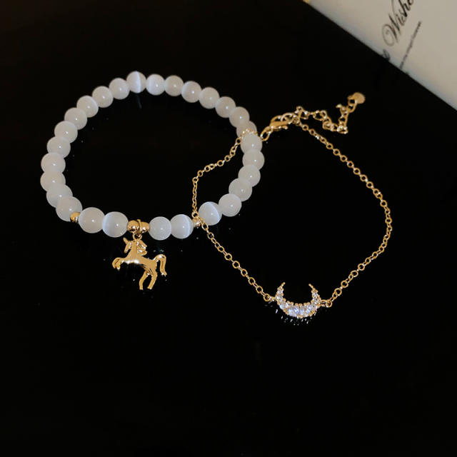 Real gold plated unicorn charm opal stone bead bracelet