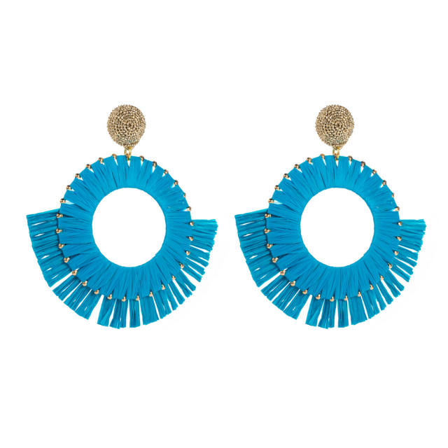 Boho colorful straw circle tassel beach holiday earrings