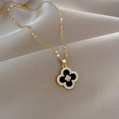 Dainty black clover pendant stainless steel chain necklace