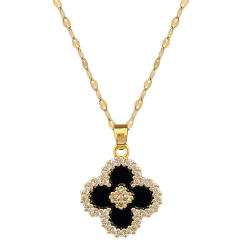 Dainty black clover pendant stainless steel chain necklace
