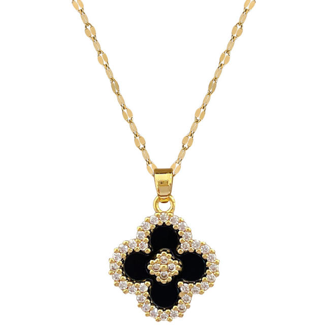 Dainty black clover pendant stainless steel chain necklace
