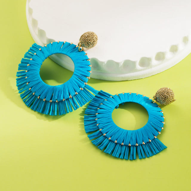 Boho colorful straw circle tassel beach holiday earrings
