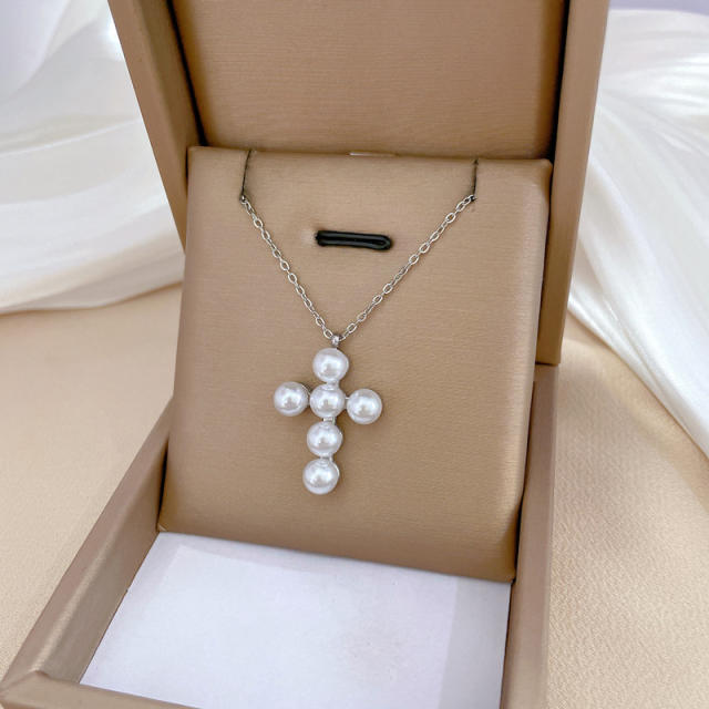 Dainty pearl cross charm stainless steel necklace