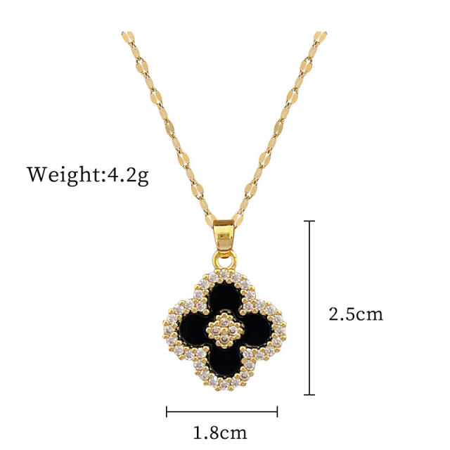 Dainty black clover pendant stainless steel chain necklace