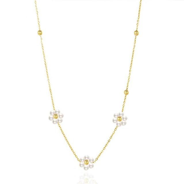 Summer pearl bead flower stainless steel necklace set dainty necklace