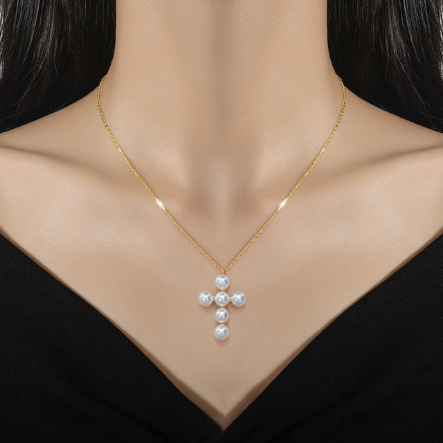 Dainty pearl cross charm stainless steel necklace