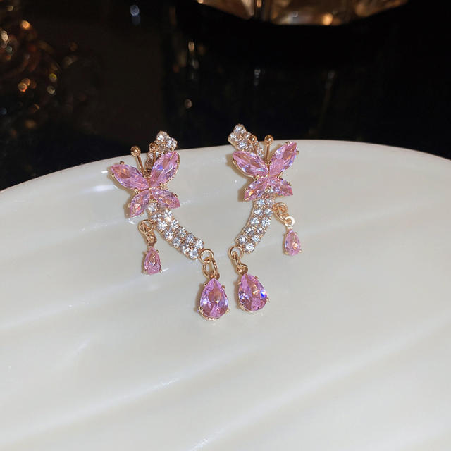 925 needle delicate pink purple butterfly diamond earrings for women