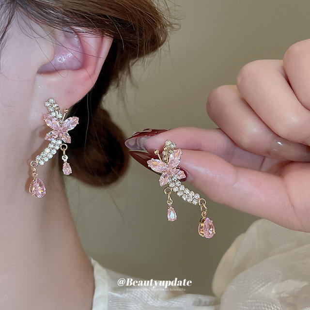 925 needle delicate pink purple butterfly diamond earrings for women