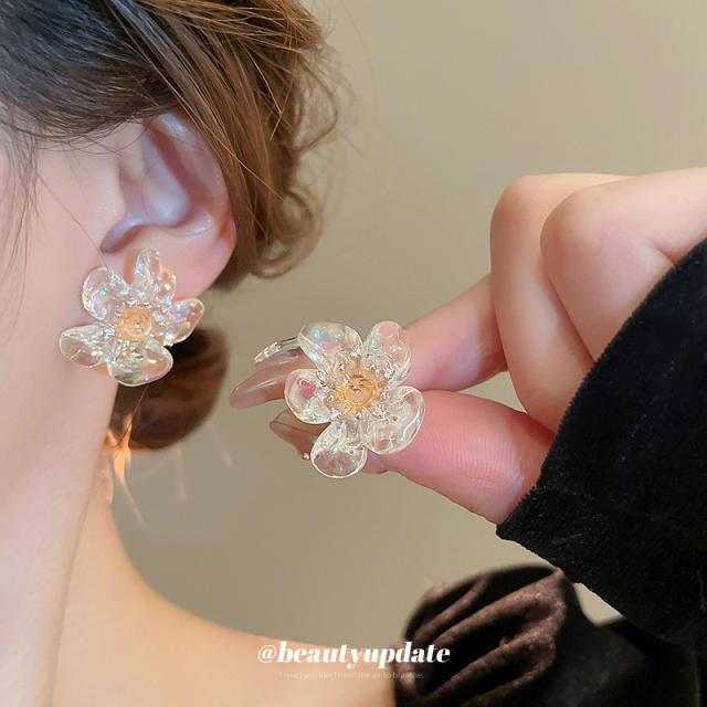 925 needle clear resin petal flower studs earrings for women