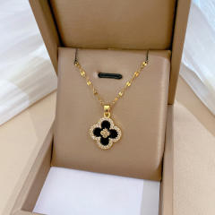 Dainty black clover pendant stainless steel chain necklace