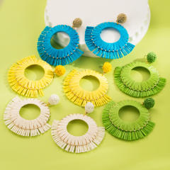 Boho colorful straw circle tassel beach holiday earrings