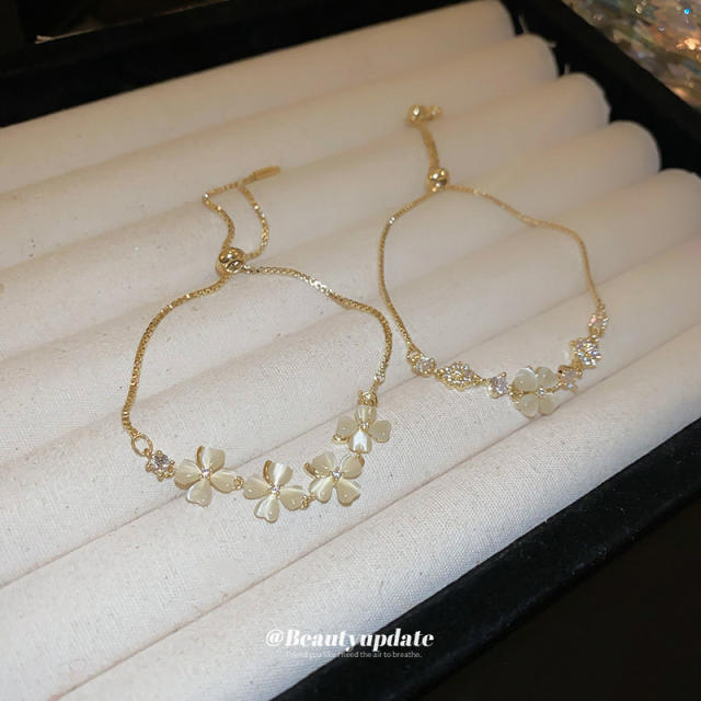 Real gold plated diamond clover opal stone bead bracelet