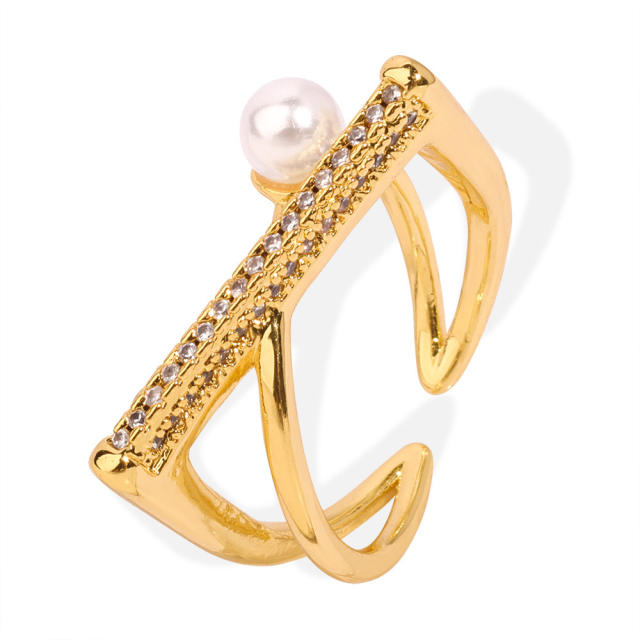 Real gold plated copper geometric line diamond pearl finger rings