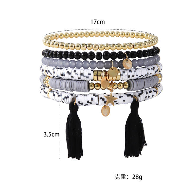 6pcs set boho gray color clay bead tassel bracelet set