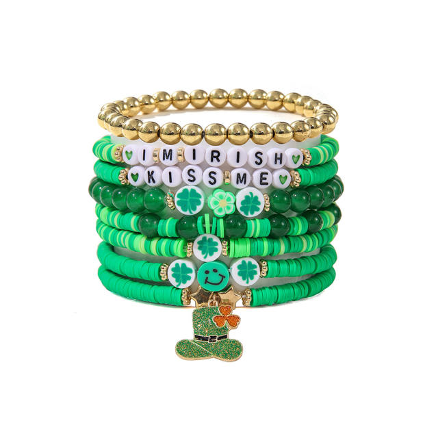 Multi layer green beaded st.patrick's day bracelet set