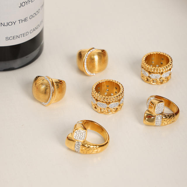 Chunky gold plated diamond stainless steel rings