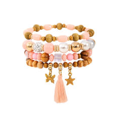 Boho national trend tassel diamond ball wood bead bracelet set