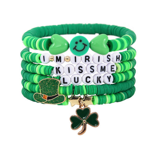 St.patrick's Day clay bead clover charm bracelet set