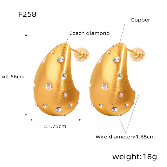 18KG chunky frosted water drop shape rhinestone stainless steel earrings